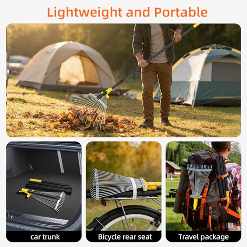 Byhargen Adjustable Metal Leaf Rake, Heavy Duty Garden Rake with Wide & Narrow Modes, Rustproof Steel Head, Adjustable Handle for Lawn Care, Yard Clean Up, and Mulch Spreading