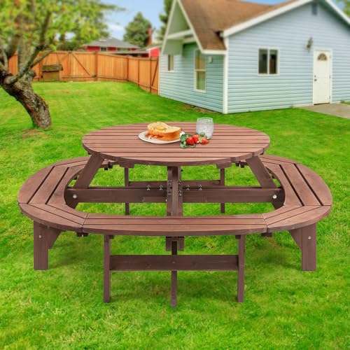 8-12 Person Outdoor Round Wooden Picnic Table with 8 Built-in Benches, Umbrella Hole, Outside Table and Bench Set for Garden, Backyard, Porch, Patio and Deck - size: 12person