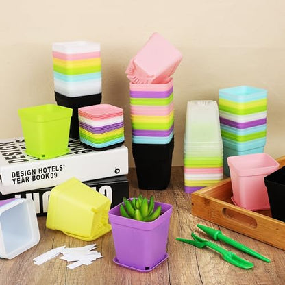 Hahood 160 Pieces Square Flower Plant Pots 3 Inch Flower Seedling Nursery Pots with Pallet Colorful Mini Plastic Planters with Labels and Tools for Room, Garden, Office and Balcony, 8 Colors