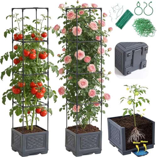 Tomato Planter Box with Trellis & Wheels - Rolling Raised Garden Bed with Tomato Cages for Climbing Plants - Mobile Tomato Pots w/Cage Plant Support for Flower Vegetable Vine Indoor Outdoor - color: Dark Gray - Square