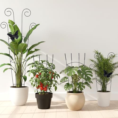 4 Pack 30 Inch Taller Plant Trellis for Potted Climbing Plants Indoor, Black Metal Garden Trellis with Butterfly & Bird Designs - Sturdy Expandable Plant Support for Ivy, Pothos, Monstera