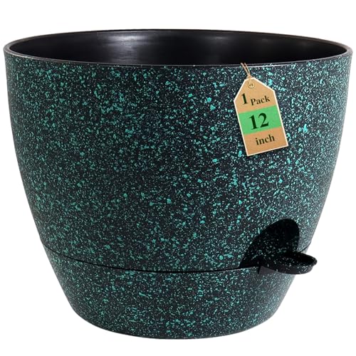 WSMKSZ 12 inch Large Self Watering Pots, Planter, Plant Pots with Mesh Drainage Holes for Indoor Outdoor House Plants and Garden, Plastic Flower Pots with Reservoir, Black with Green Speckles - color: Black With Green Speckles, size: 12inch 1pcs