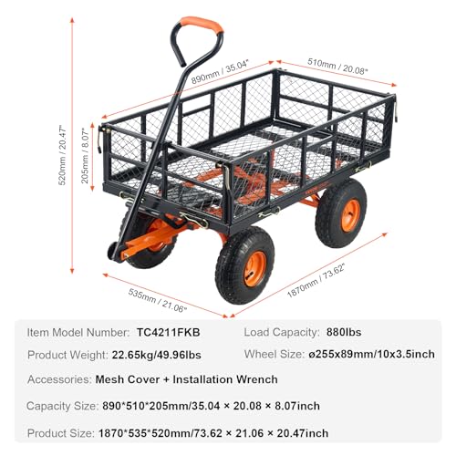 VEVOR 880lbs Steel Garden Dump Cart Utility Wagon, Heavy Duty Yard Dump Wagon Cart with Removable Sides, Pullable Handle, Utility Liner, 10in All Terrain Wheels - size: 880 lbs