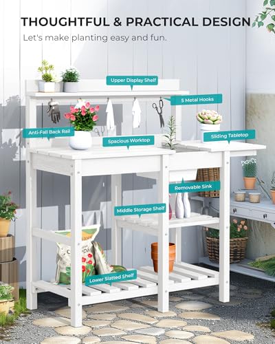 SERWALL Outdoor Potting Bench with Removable Sink,Gardening Table,White - color: White, size: Classic