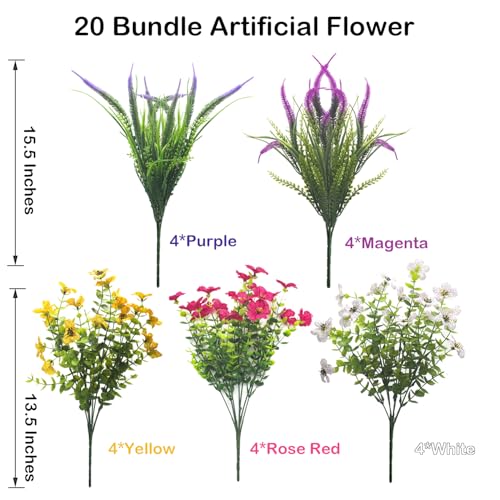 AITISOR 20 Packs Artificial Flowers Outdoor UV Resistant Fake Plants for Garden Patio Decor - Realistic Greenery for Hanging Planter Porch Window Home Wedding Spring Summer Decor - color: Spring Mix
