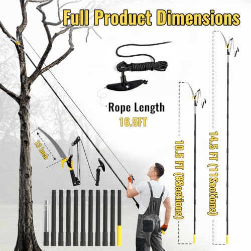 14.5FT Pole Saw for Tree Trimming, 2-In-1 Manual Tree Pruner with Saw, Extendable Long Handle Pole Tree Trimmer, High Reach Limbs Branch Cutter and Pruning Shears for Yard Garden Palm Shrubs - size: 14.5FT
