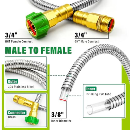 Short Garden Hose with Female to Male Metal Connector 3FT, 304 Stainless Steel Leader Hose for Hose Reel, Flexible & Kink-Free, Lightweight, No Leak Outdoor Water Pipe Extension Adapter - size: 3 FT