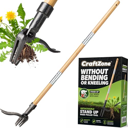 Weed Puller Stand Up Weed Puller Tool with Wooden Long Handle Foot Platform Design 4-Claw Steel Head & Removable 3-Section Pole Garden Tools-Easily Remove Weeds Without Bending or Kneeling
