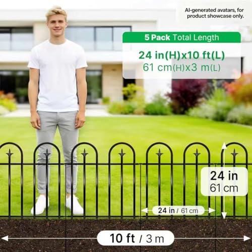 ARIFARO 24" H x 24" W No Dig Garden Fence, 5 Panels 10ft Black Metal Decorative Fence, Rustproof Easy Assembly Garden Border for Flower Bed, Yard, Patio