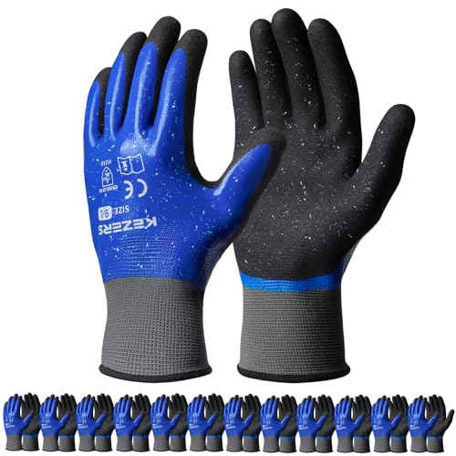 KEZERS Waterproof Work Gloves,12 Pairs Nitrile Coated Gloves for Men & Women,Non-slip Working Gloves for Garden Outdoor - size: Small