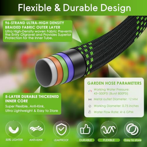 150 ft Garden Hose, 2026 New No Kink Flexible Water Hose 150ft, 10 Function Nozzle, Solid Metal Fittings, Enhanced Multi-layer Construction, Lightweight & Portable for Gardening, Cleaning, Car Washing