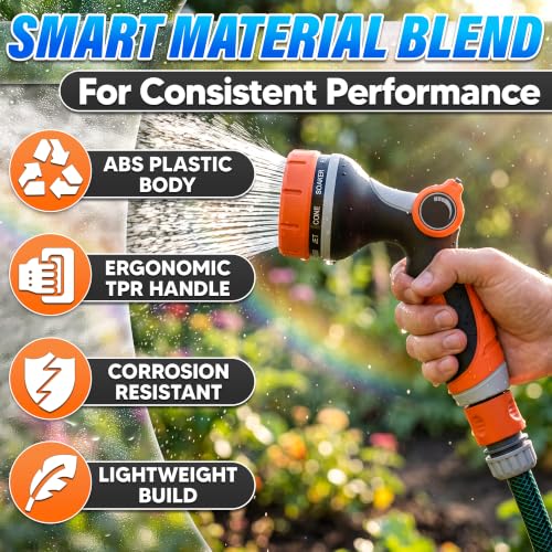 Garden Hose Nozzle, 10 Spray Patterns, Thumb Flow Control, Orange - color: Orange