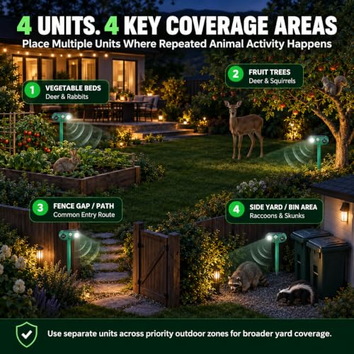 Sonic Fortress Pro Deer Repellent Devices, IP65 Racoon Repellent Outdoor Squirrel Fortress Pro Animal Repeller Cat Deterrent with Motion Sensor& Light to Scare Bear Rabbit Skunk for Garden Yard(4)