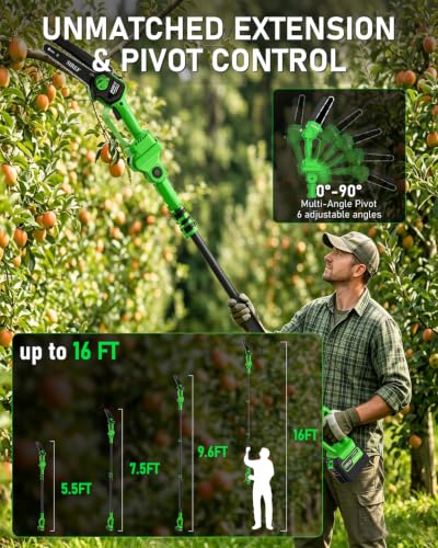 Electric Pole Saw 6inch Mini Chainsaw Cordless Brushless 4.0Ah Batteries Fast Charger Telescopic Power Pole Saw Tree Trimmer Limb Branch Cutter Pruner 16 Ft Max Reach Multi-Angle Green - color: Green-1 Battery
