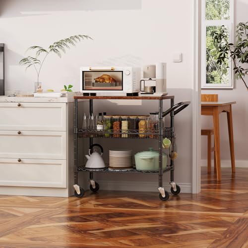 WDT 3 Tier Rolling Carts with Wheels, Heavy Duty Rolling Utility Cart with Wood Tabletop, Commercial Grade Metal Cart with Handle and Hooks, NSF Storage Serving Carts for Kitchen Island, Wood+Metal - color: Wood+metal-3 Tier