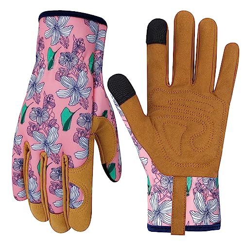Leather Gardening Gloves for Women Thorn Proof Garden Gloves Touch Screen Working Gloves Gifts,M - color: P Flower