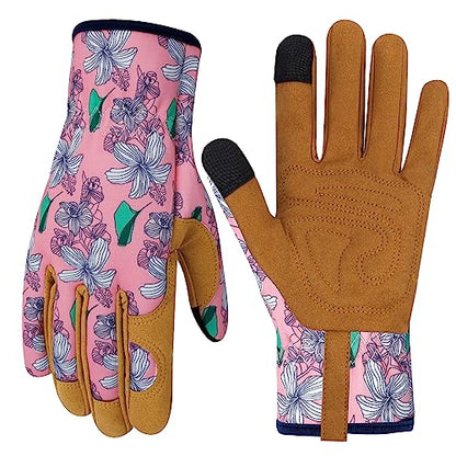 Leather Gardening Gloves for Women Thorn Proof Garden Gloves Touch Screen Working Gloves Gifts,M - color: P Flower