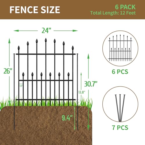 Decorative Garden Fence Outdoor - 26in(H) x 12Ft(L) No Dig Heavy Duty Metal Rabbit Dog Fence for Yard Rustproof Animal Barrier Border Fencing for Patio Flower Bed (6 Panels + 7 Stakes) - size: 6 Panels-26in(H) x 12Ft(L)