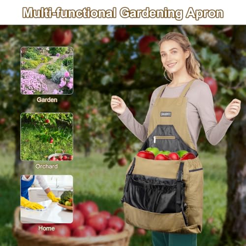 Garden Apron,Harvest Aprons with Drawstring Bag and Pockets for Women and Men,Canvas Fruit Picking Apron - color: Brown