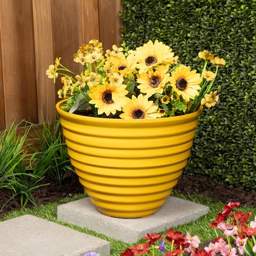 Alpine Corporation 16" Diameter Indoor/Outdoor Ribbed Plastic Planters with Plug-in Drainage Hole, Aesthetic Lawn and Garden Decor, Yellow - color: Yellow
