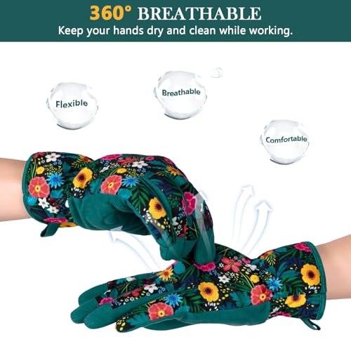 Women's Gardening Gloves, Breathable Leather Work Gloves with Anti-Slip Protection, for Outdoor Planting(Green,L)