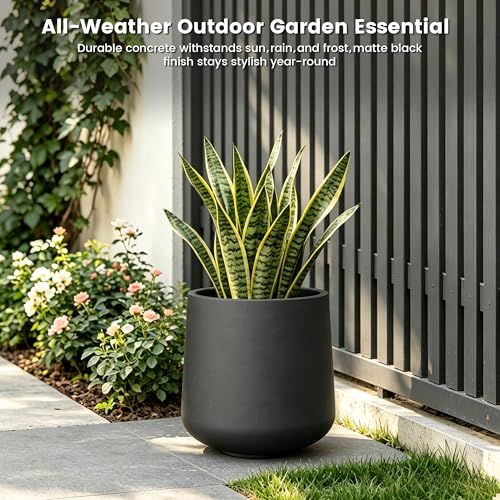 Kante Accent Round Curved Black Concrete Planter 13" Dia, Outdoor - color: Burnished Black, size: 11.6" D