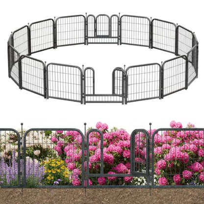 Decorative Garden Metal Fence 31.4ft (L)×24in (H) with 14 Panels 2 Gate Outdoor, No Dig Rustproof Wire, Animal Barrier Fencing for Outdoor Yard Patio Flower Bed,（Black-Silver） - size: 24in(H)x32ft(L)
