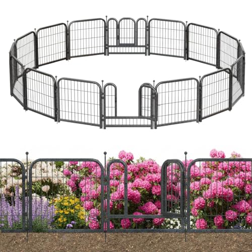 Decorative Garden Metal Fence 31.4ft (L)×24in (H) with 14 Panels 2 Gate Outdoor, No Dig Rustproof Wire, Animal Barrier Fencing for Outdoor Yard Patio Flower Bed,（Black-Silver） - size: 24in(H)x32ft(L)