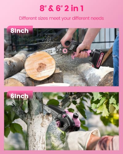 Mini Chainsaw with 1000W Brushless Motor, 8 inch & 6 inch 2 Batteries - color: Pink