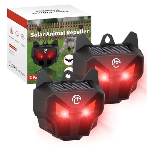 2 Pack Solar Nocturnal Animal Repeller with Red LED Flashing Lights – Effective Coyote, Raccoon, Skunk, Deer & Hawk Deterrent – Waterproof Predator Lights for Yards, Gardens & Chicken Coops