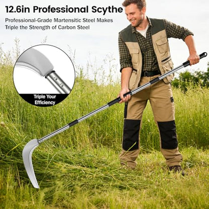 12.6'' Scythe Tool for Grass Cutting, 4 Stainless Steel Poles, Adjustable Dual-hand Grip, Professional-Grade Blade, for Clearing Bushes, Vines, Fields, Ditches, Paths, Landscaping, 67in, Silver.