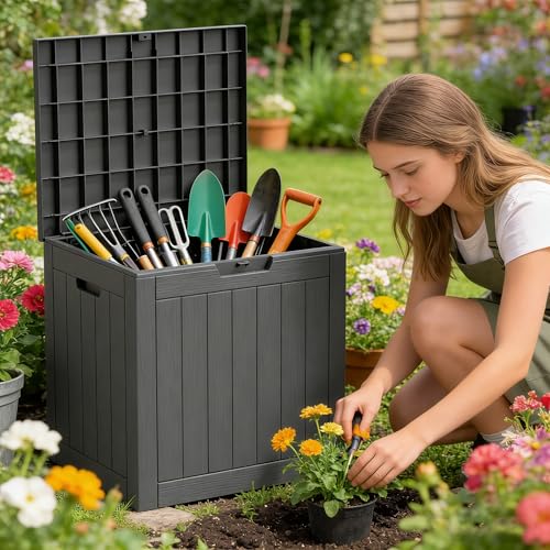 35 Gallon Resin Deck Box All Weather Outdoor Storage Box for Patio Furniture, Garden Tools, Lockable, Black - color: Black, size: 35 GAL