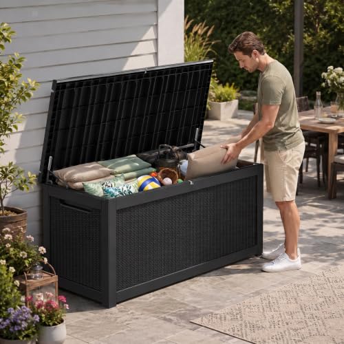 350 Gallon Extra Large Outdoor Storage Box, Reinforced Heavy-Duty Deck Box - color: Dark Black, size: 350 GAL