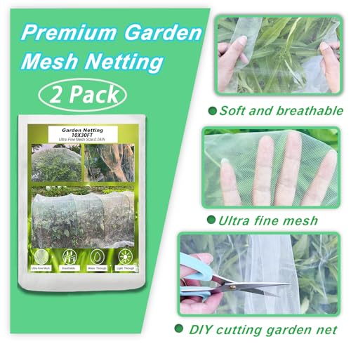 2 Pack 10X30FT Garden Netting, Garden Netting for Raised Beds, Ultra Fine Insect Netting for Vegetable Flowers Fruits, Garden Mesh Plant Cover Row Cover Barrier Protection Net for Birds - size: 10X30FT-2pack