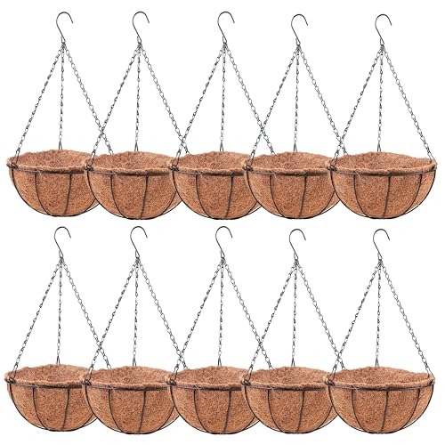 LaLaGreen Round Hanging Baskets (12 in, 10 Pack) Black Coco Liner Planters - size: 12" x 10 Pack