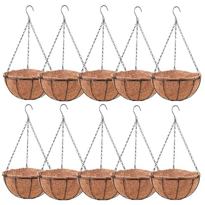 LaLaGreen Round Hanging Baskets (12 in, 10 Pack) Black Coco Liner Planters - size: 12" x 10 Pack