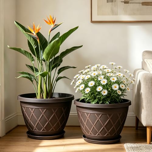 4 Pack 12 Inch Pots for Plants, Plastic Flower Pots with Faux-fence Texture - color: Plaid Pattern-brown, size: 12 Inch - 4Pack