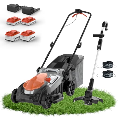 18 Inch Brushless Electric Lawn Mower and 12 Inch Trimmer Combo - color: 18'' Lawn Mower+Weed Wacker, size: 2*8.0Ah+2*2.0Ah