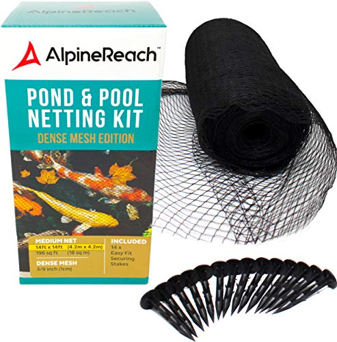 AlpineReach Koi Pond Netting Kit 14 x 14 ft Black Heavy Duty Woven Fine Mesh Net Cover for Leaves - Protects Koi Fish from Blue Heron Birds, Cats & Predators – Reusable & Stakes Included - color: Black, size: 14x14ft (Stakes Included)