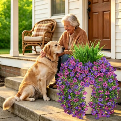 7PCS Artificial Fall Hanging Flowers for Outdoor, Six-Petaled Faux Mums - color: Purple