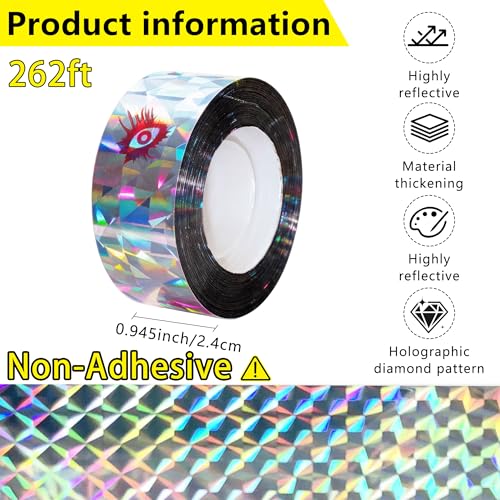 Birds Scare Ribbon, Double-Sided Reflective, Reflective Flash Tape Scare, Keep Pigeons, Hawks, Woodpeckers, Geeses Away from Gardens,Farms,Trees - size: 260 Ft*1