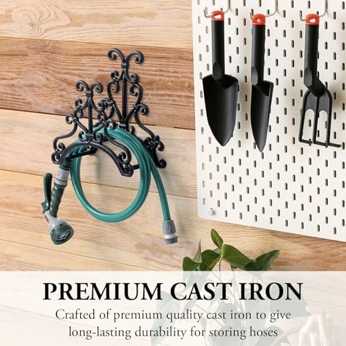 MyGift Brown Heavy Duty Cast Iron Outdoor Garden Hose Hanger Wall Mounted Water Hose Holder Reel with Vintage Scrollwork Design (Floral Pattern) - style: Floral Pattern
