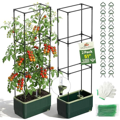 2 Pack 51" Self Watering Planter Box with Trellis, Tomato Planter Trellis for Raised Garden Bed, Tomato Cage with Visual Water Indicator, Indoor Outdoor Tomato Cages for Garden Patio - style: 2 Pack