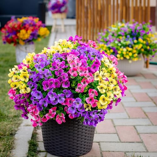 AXYLEX Artificial Pansies Outdoor, 16 Bundles Fake Plants (Yellow Mix) - color: Mixed, 4 Colors Red Pink Purple Yellow