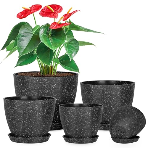 5 Pcs Plant pots, 7.5/6.5/5.7/4.9/4.1 inch Pots for Plants, Flower Pot Indoor Modern Decorative Plant Pot, Plant Pots Indoor with Drainage and Saucer for All House Plants (Drainage Set of 5 Black) - color: Black 5 Pcs