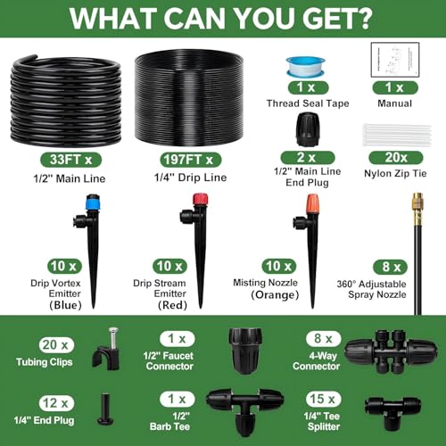 230FT Drip Irrigation System for Garden with 38pcs Adjustable Copper Nozzles & Emitters, Automatic Garden Watering System with 1/2" & 1/4" Tubing for Raised Bed, Yard, Greenhouse, Potted Plants, Lawn - size: 33FT 1/2'' Main Tube + 197FT 1/4'' Drip Tube