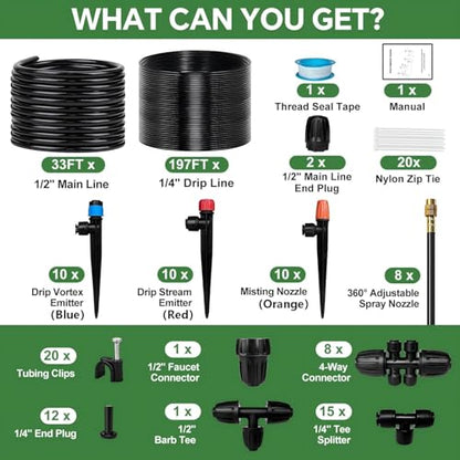 230FT Drip Irrigation System for Garden with 38pcs Adjustable Copper Nozzles & Emitters, Automatic Garden Watering System with 1/2" & 1/4" Tubing for Raised Bed, Yard, Greenhouse, Potted Plants, Lawn - size: 33FT 1/2'' Main Tube + 197FT 1/4'' Drip Tube