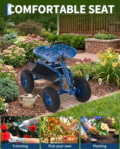 Garvee Heavy Duty Garden Workseat, Garden Scooter Rolling Seat 360° Swivel - color: Blue