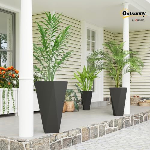 Outsunny Set of 3 Tall Planters w/Drainage Holes, 28.75"/24.5"/20.5", Black - color: Black, size: 28.75 Inch, 24.5 Inch, 20.5 Inch