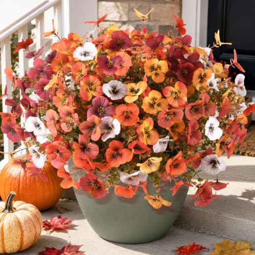 INQCMY Artificial Pansy Fall Flowers for Outdoor Porch Decoration Faux Mums - color: Orange,autumn Yellow,brown,gradient Autumn Red,white,autumn Red